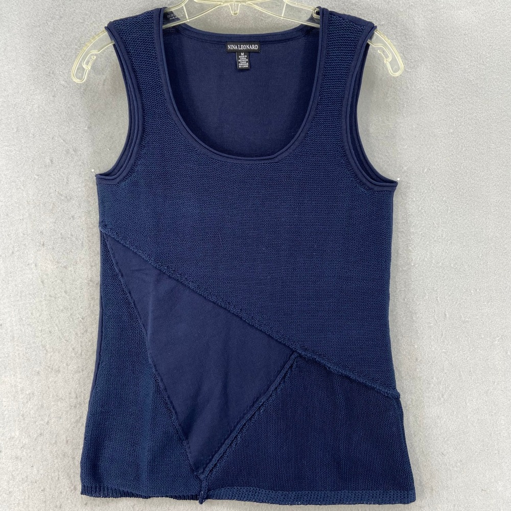 Nina Leonard Shirt Womens Sz M Blue Sleeveless Knit Tank Top Casual Patchwork